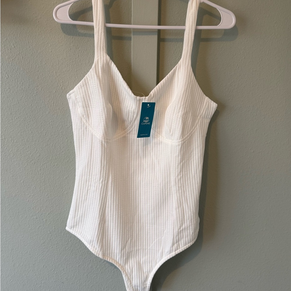 White Ribbed Bodysuit Top